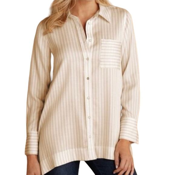 SOFT SURROUNDINGS Women's Med Lorimer Tencel Striped Button Front Tunic Top Tan - Picture 1 of 14